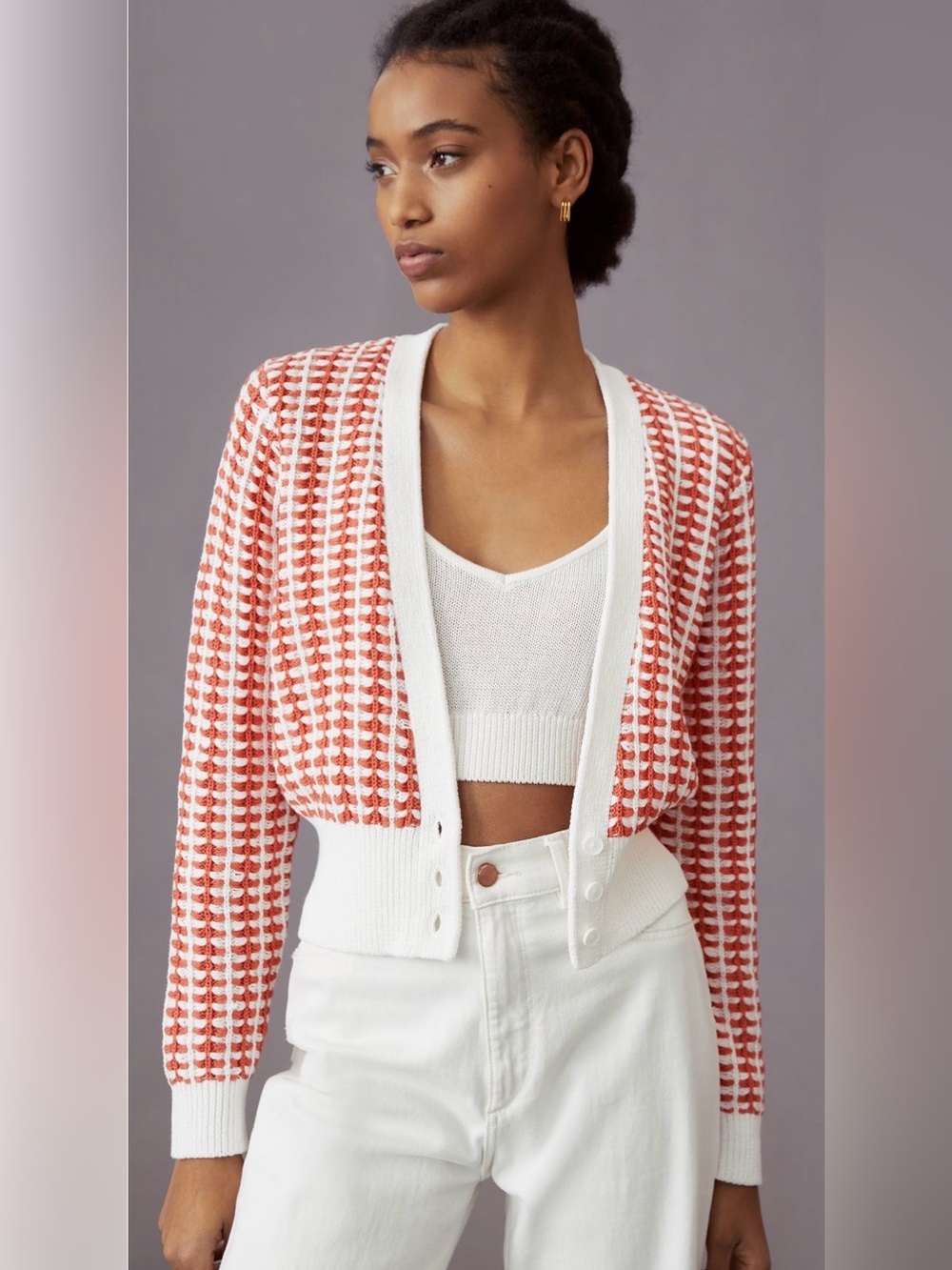 Anthropologie Maeve orange white cotton crochet cropped cardigan sweater XS
